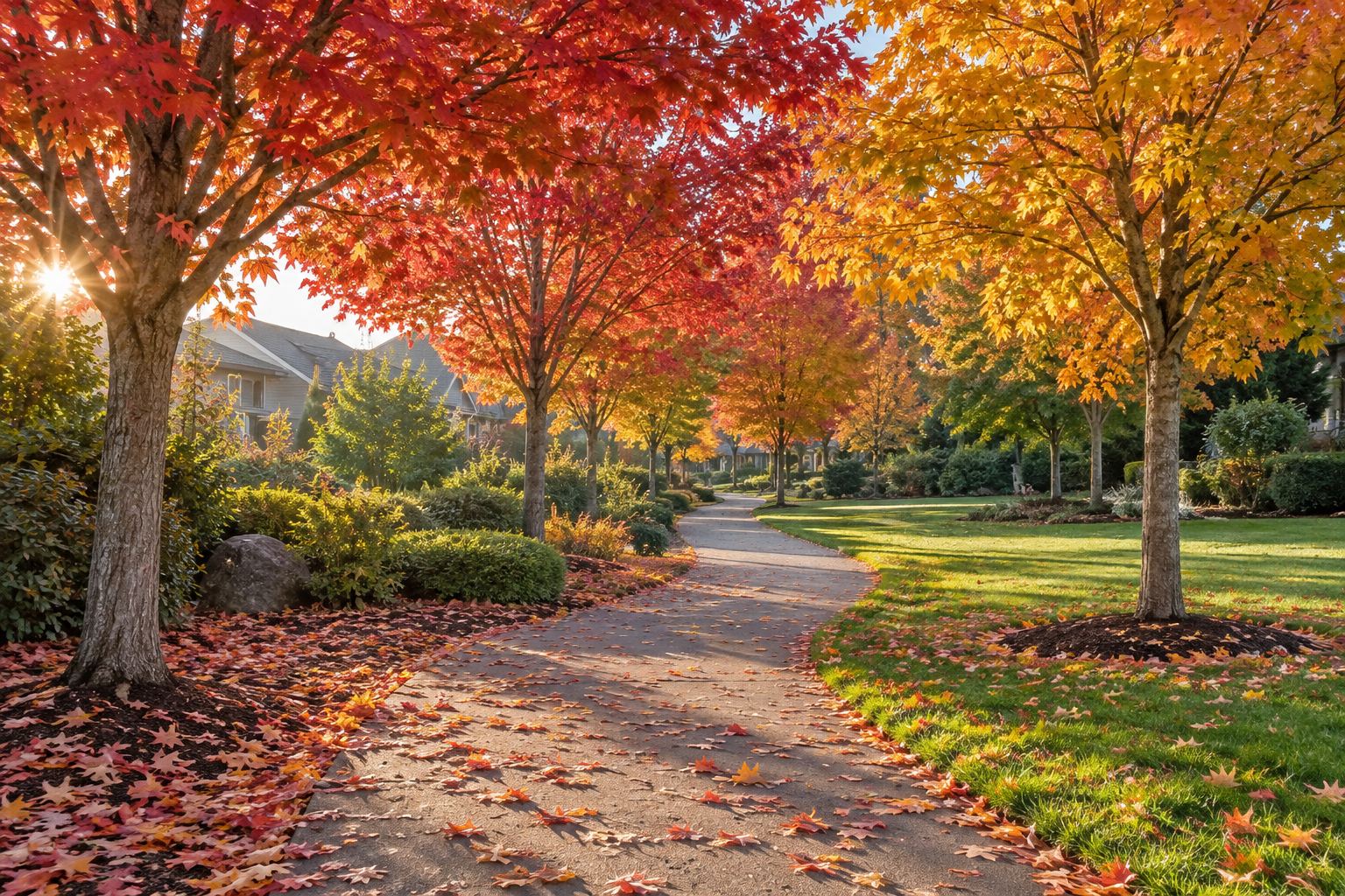 A maple lined park path in a Portland, Oregon suburb, illustrative
