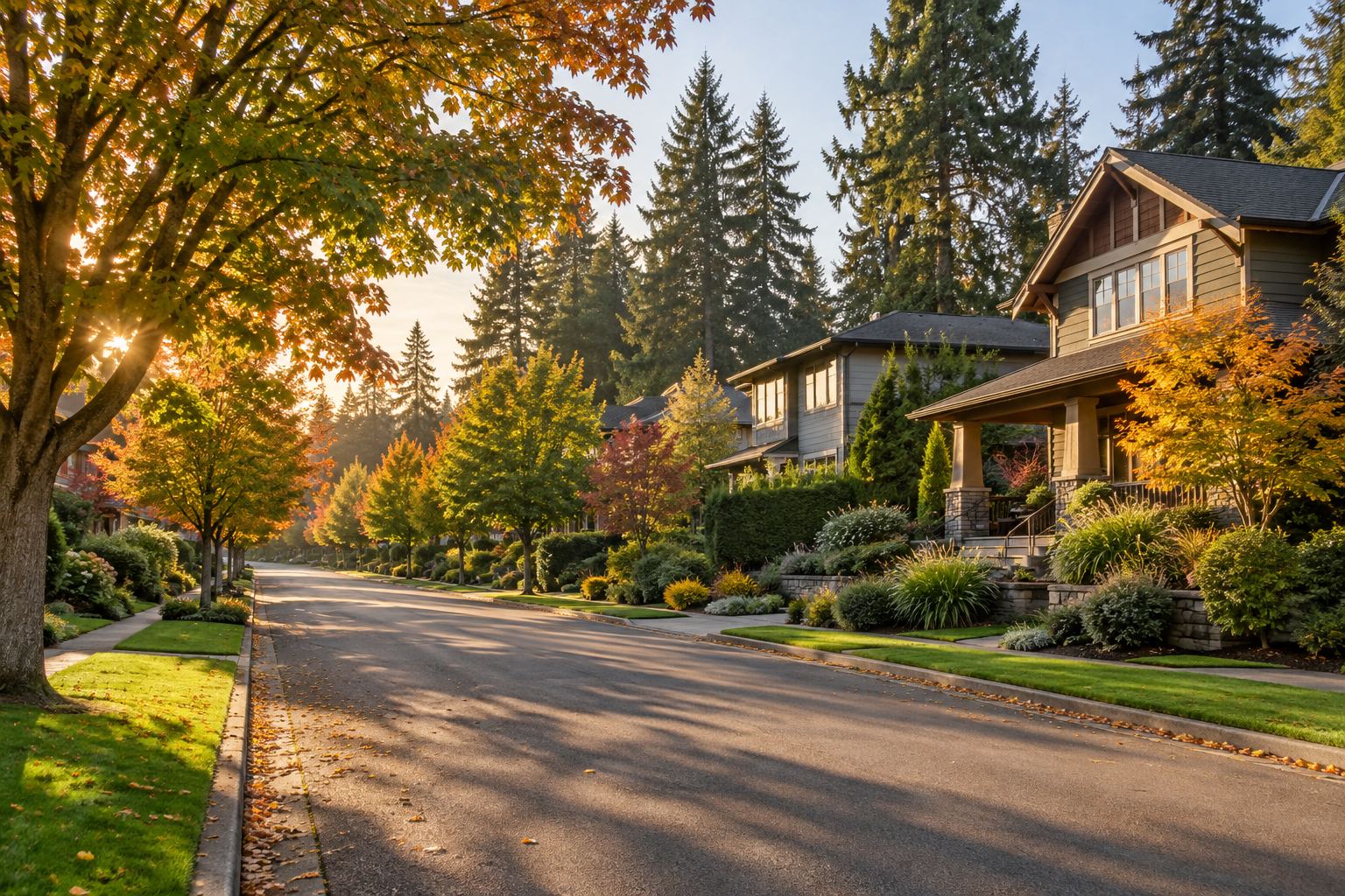 A tree lined Portland, Oregon area neighborhood street at golden hour, illustrative