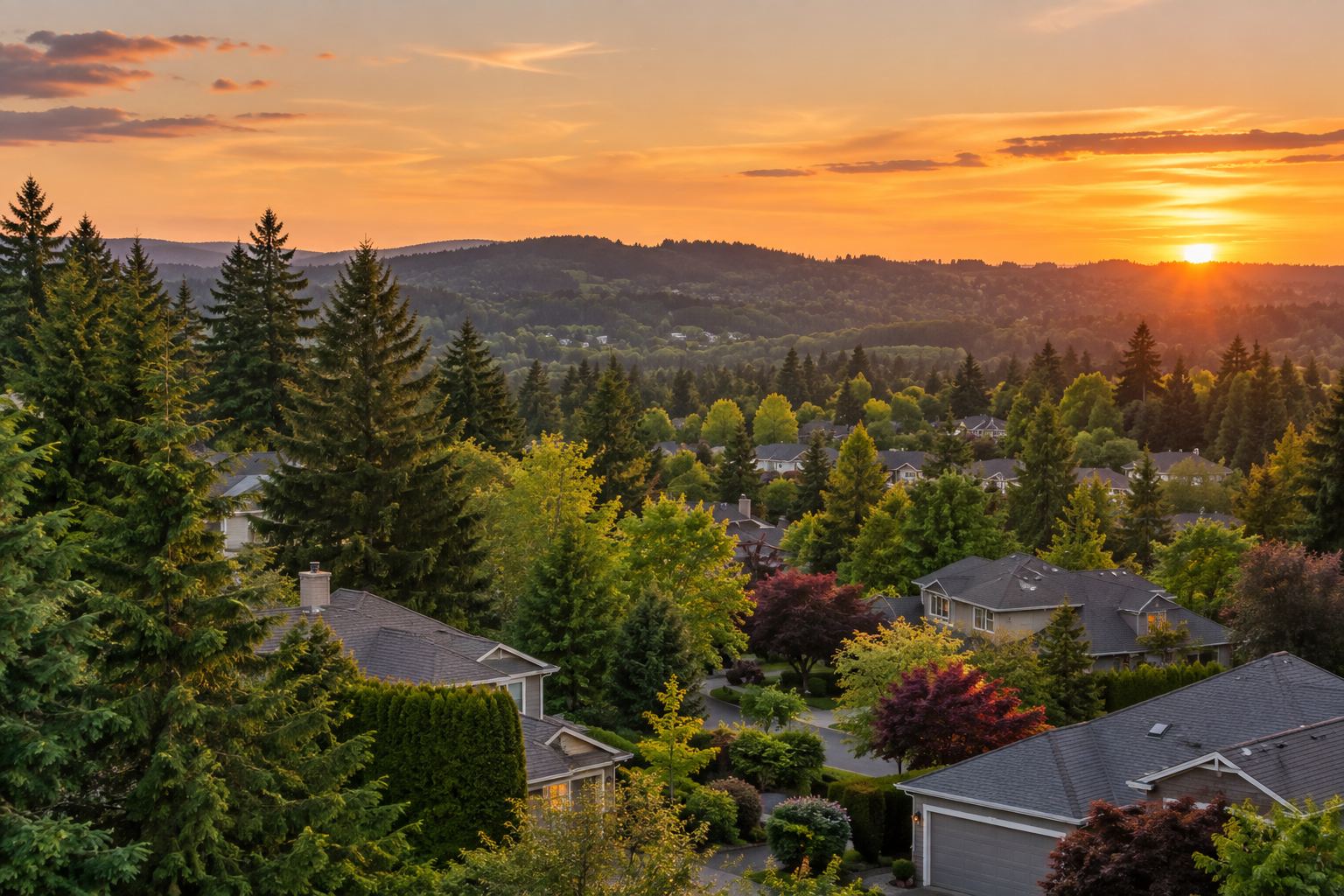 A leafy Pacific Northwest neighborhood at sunset, illustrative