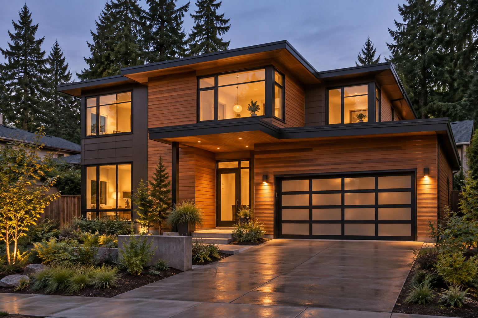 A modern northwest style home at dusk, illustrative