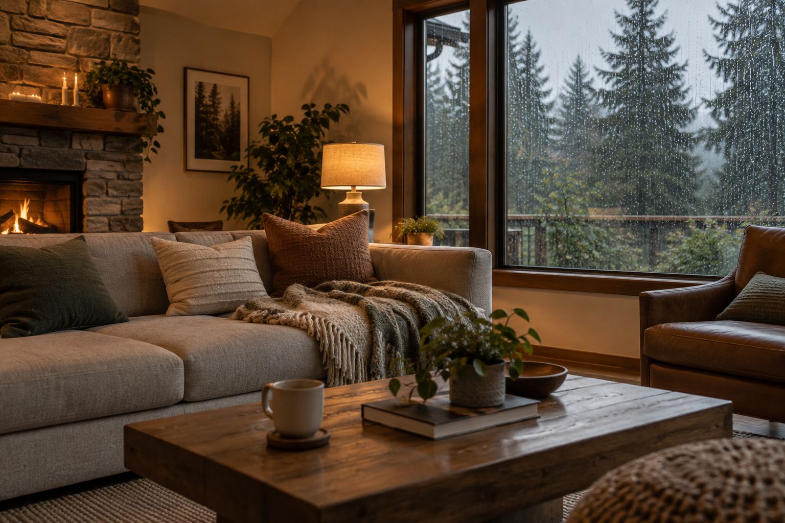 A cozy Pacific Northwest living room on a rainy day, illustrative