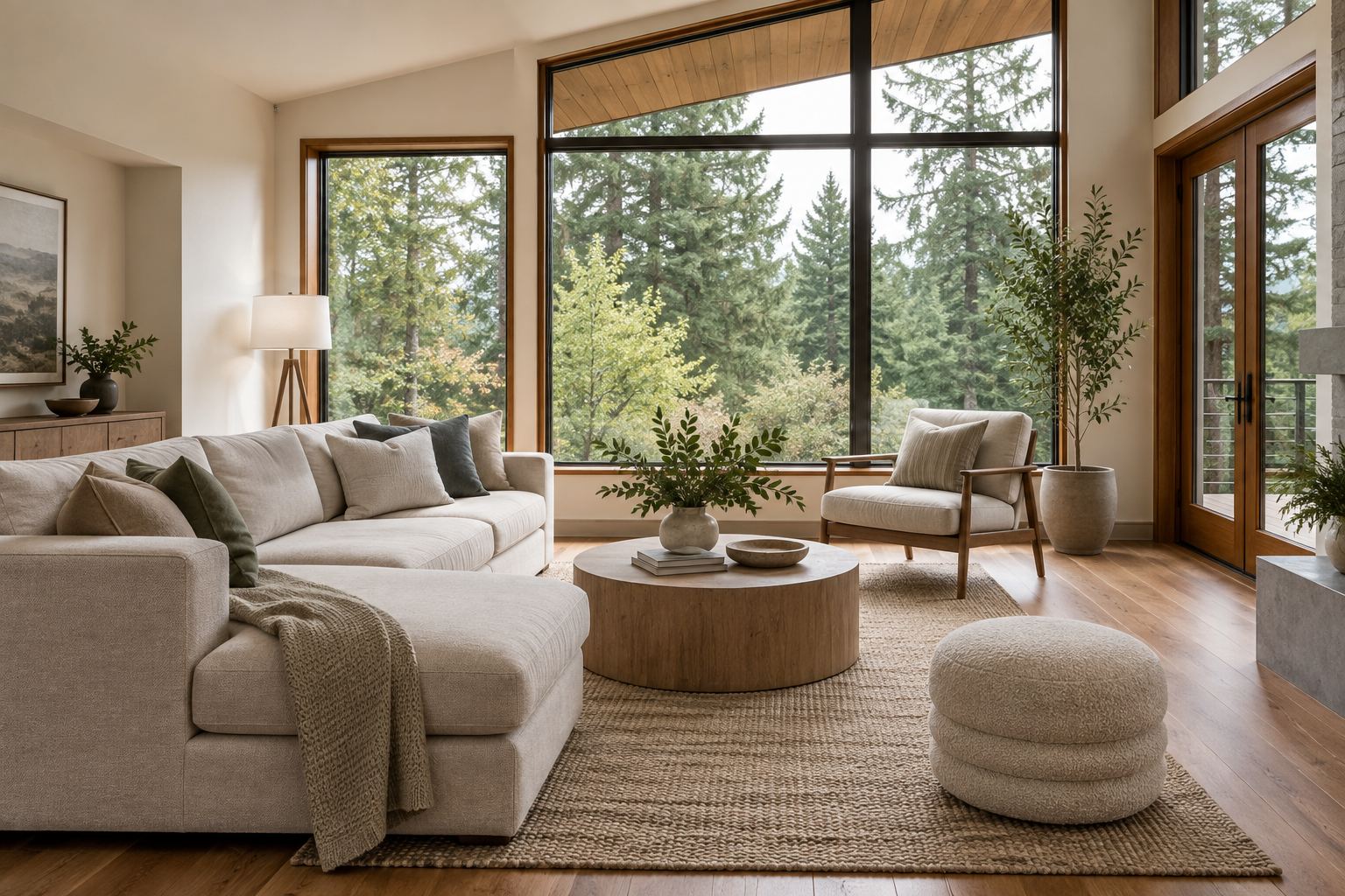 A bright Pacific Northwest living room, illustrative